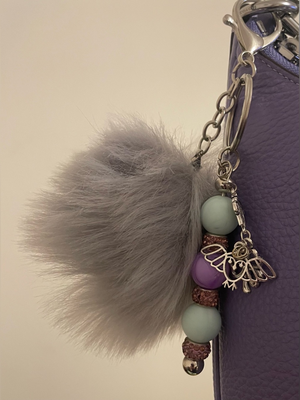 Gray Fur Pom Charm with light turquoise and lavender beads-HANDMADE